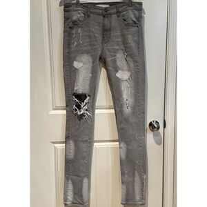 KDNK Stacked‎ Skinny Jeans 33 (Tagged 34) Grey Distressed Paint Splatter Y2K